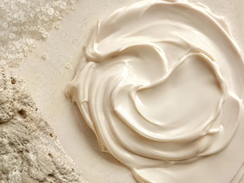 Swirl of rich mineral face cream beside Dead Sea salt