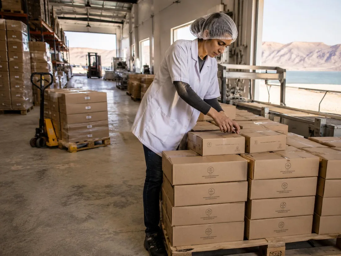 Dead Sea Deal team member packing mineral products at the factory beside the Dead Sea in Arad, Israel