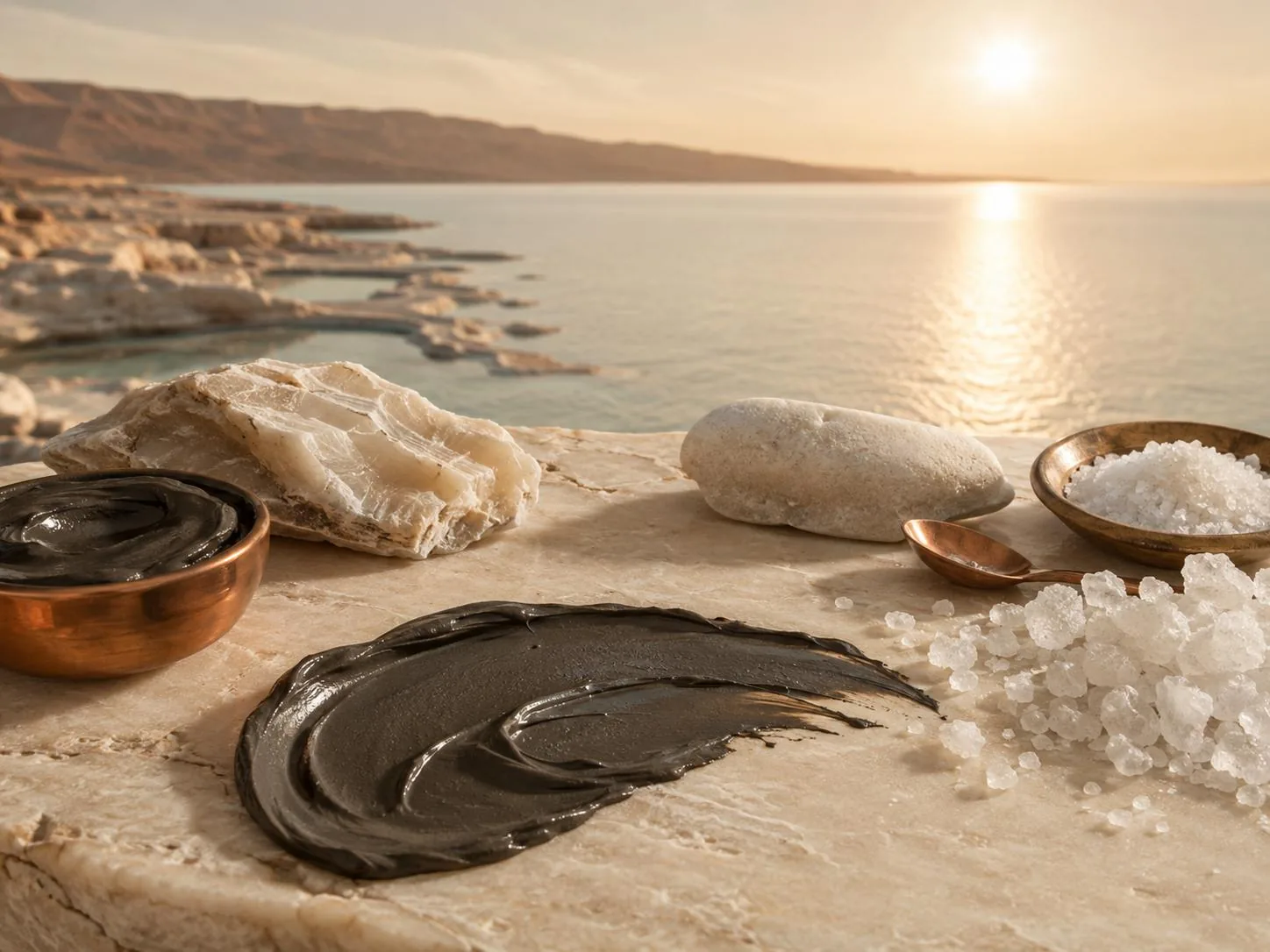 Dead Sea mineral mud, salt crystals and skincare on a marble ledge overlooking the Dead Sea at sunset, Arad, Israel